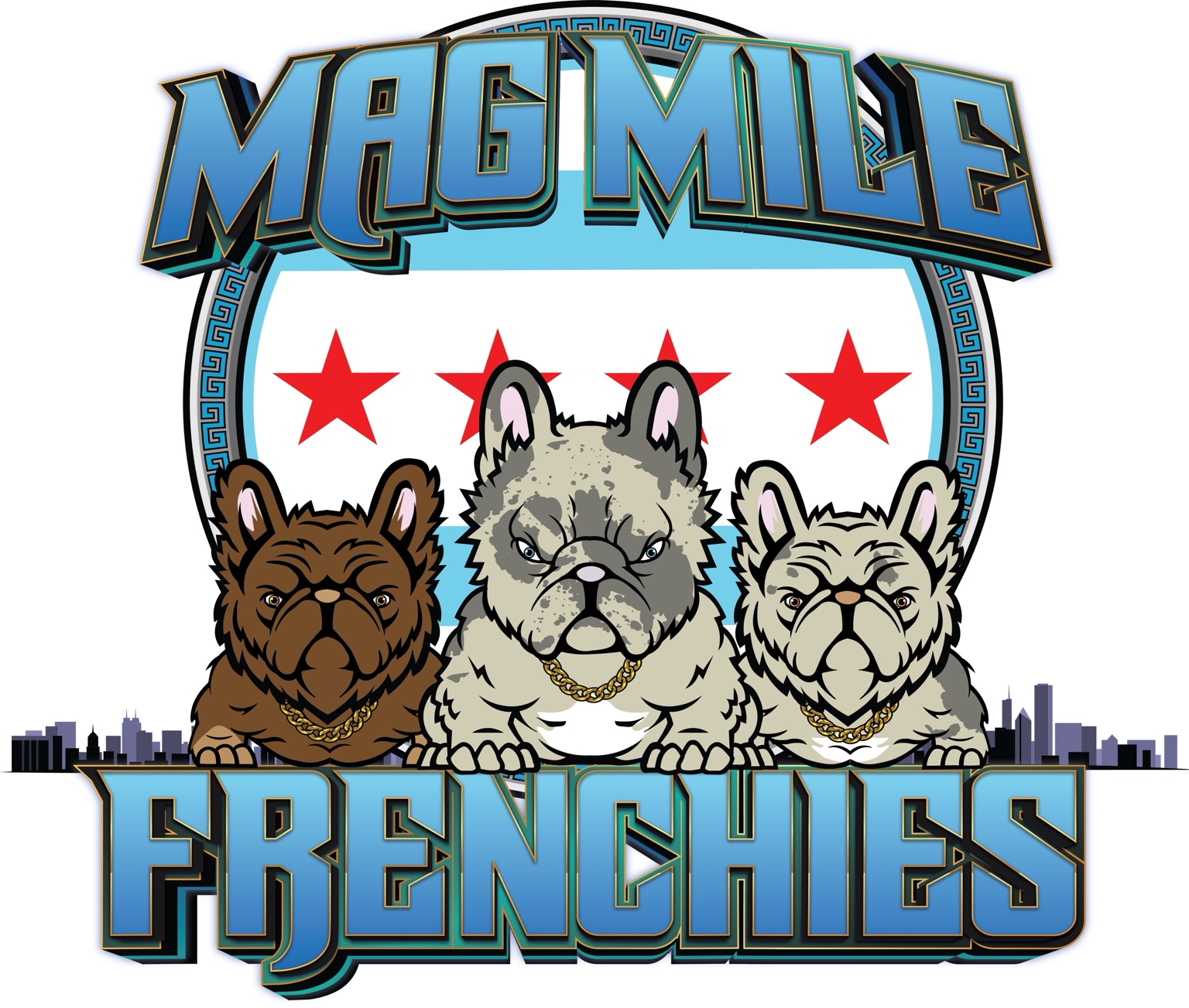 Original Mag Mile Frenchies logo with Chicago stars, skyline, and three French Bulldogs